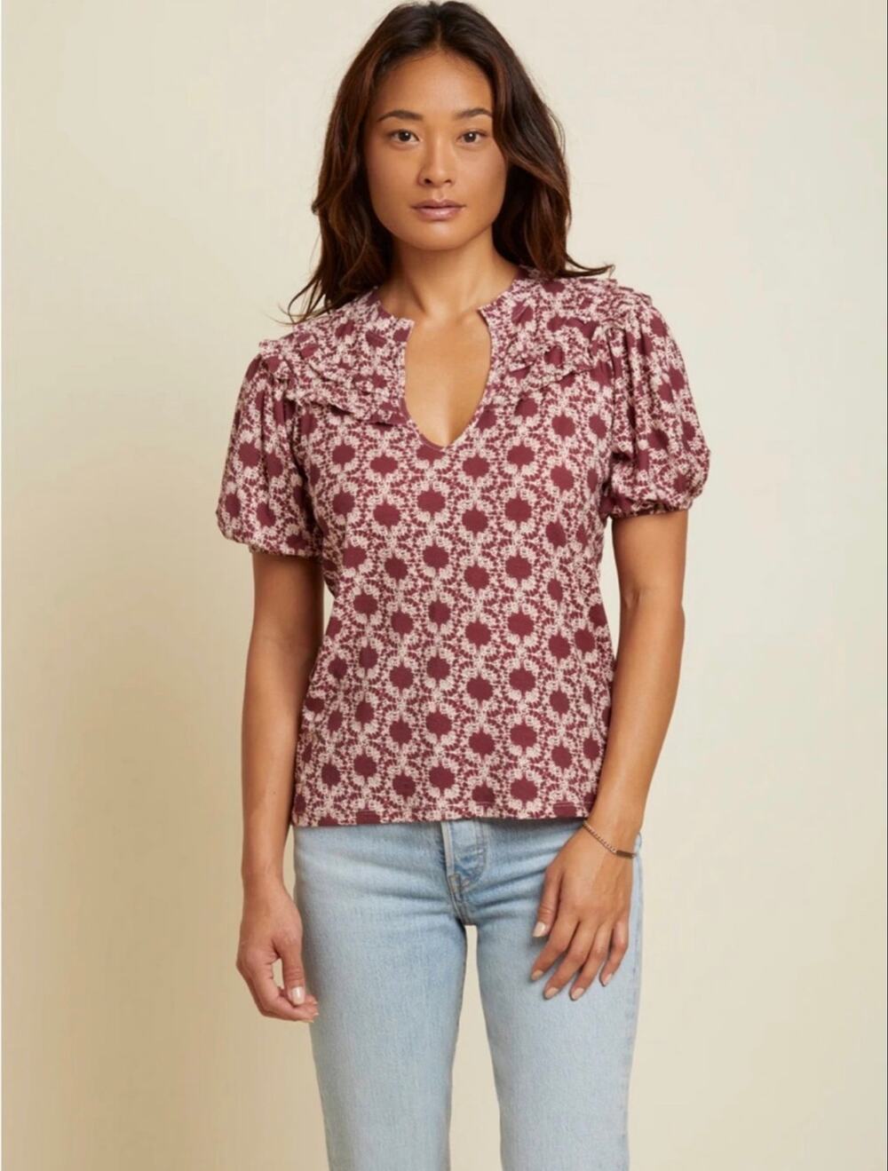 Action LTD Judith Wine Ikat Ruffle top tee M